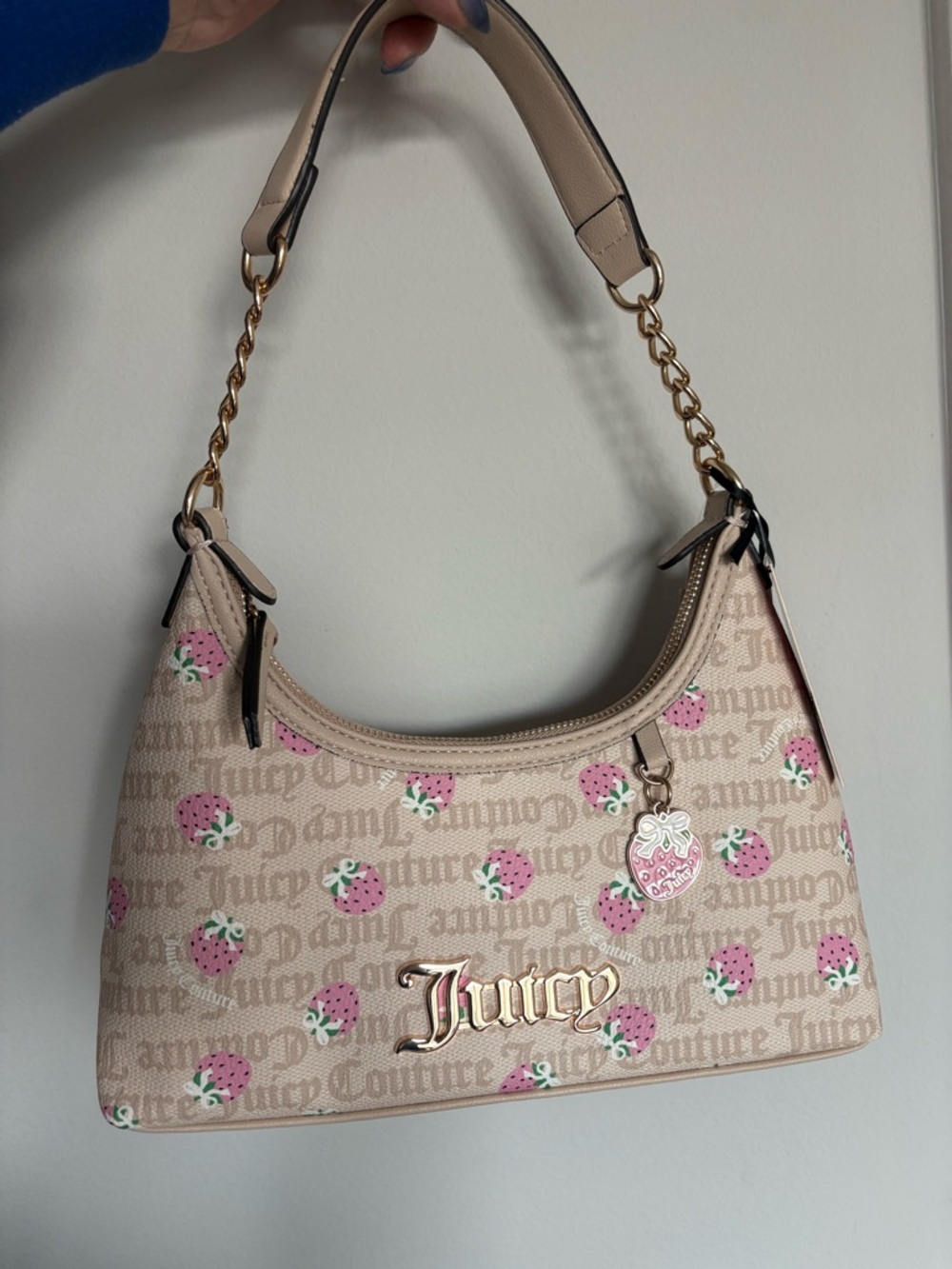 Juicy Couture Beige Shoulder Bag with Pink Strawberry Print